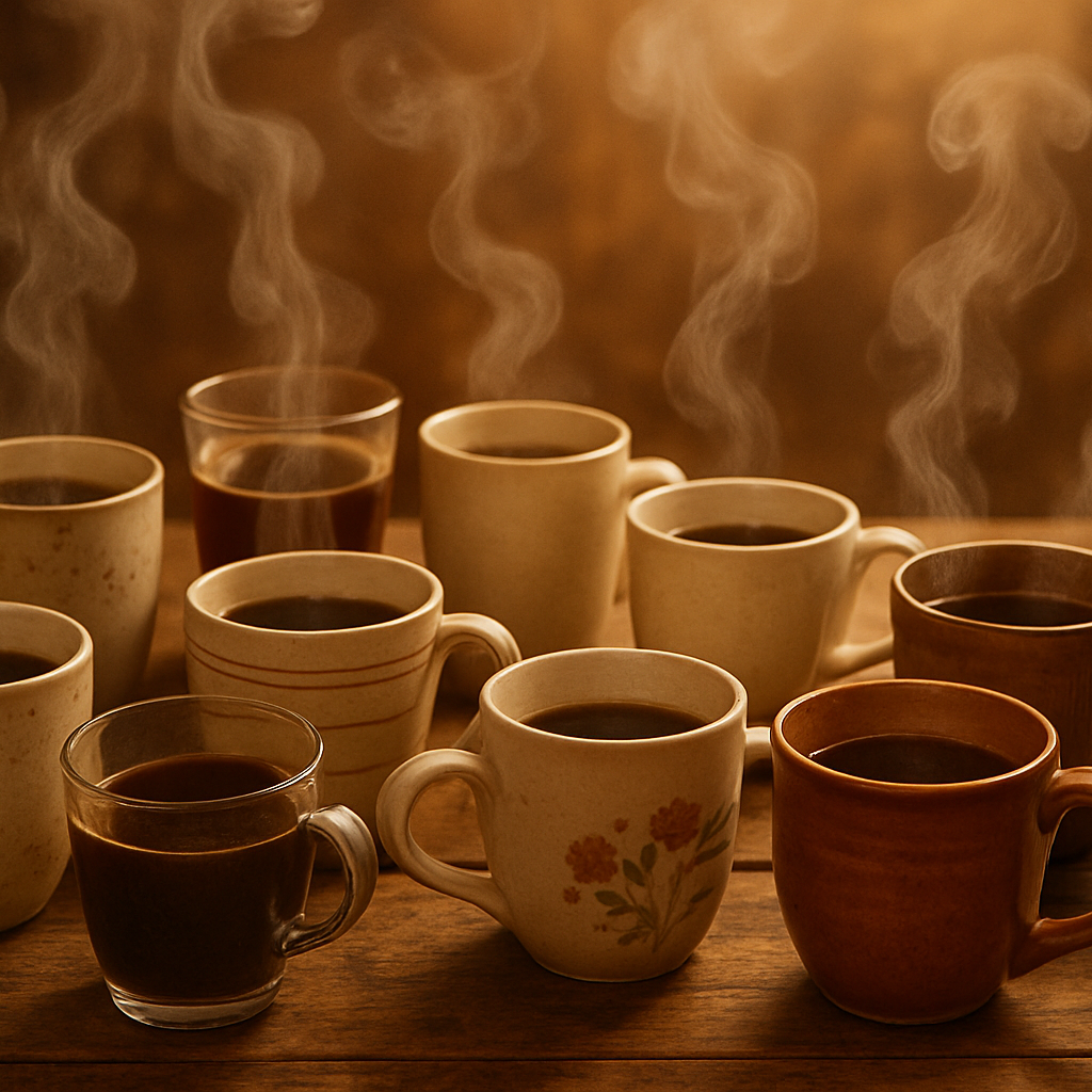 community of coffee cups, warm, inviting, connected feeling