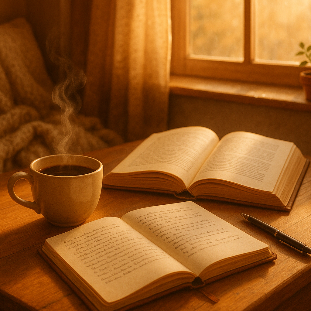 warm morning ritual with coffee, book & journal