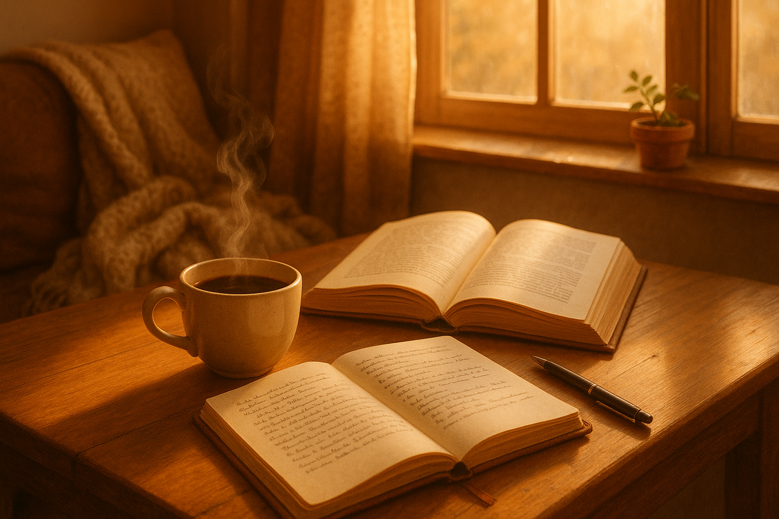 warm morning ritual with coffee, book & journal